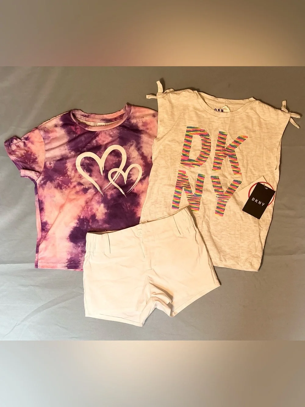 DKNY Girls' Cream Logo Tee and Purple Tie-Dye Set
